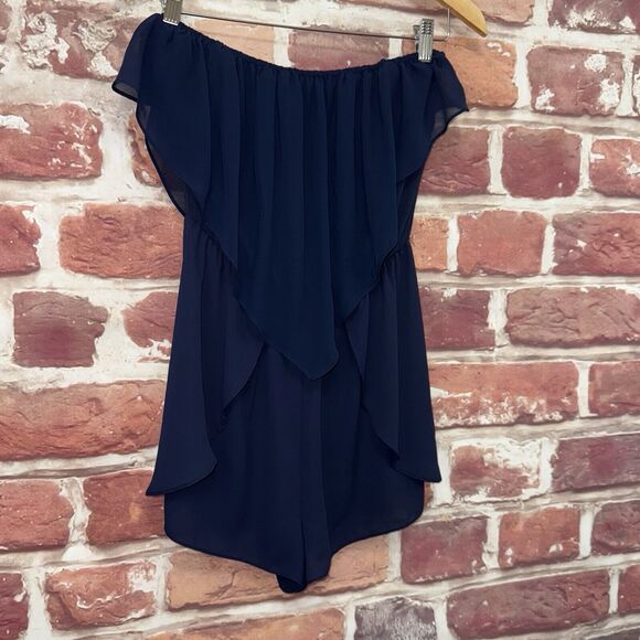 Bcbgeneration Shorts Romper Womens S Blue Sheer Flowy Ruffle Beachy Off Shoulder - Picture 2 of 8